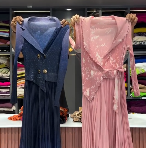 Pink-Mauve Ladies’ Maxi Dress with Pleated Skirt and Structured Jacket – Elegant Ensemble for Every Occasion