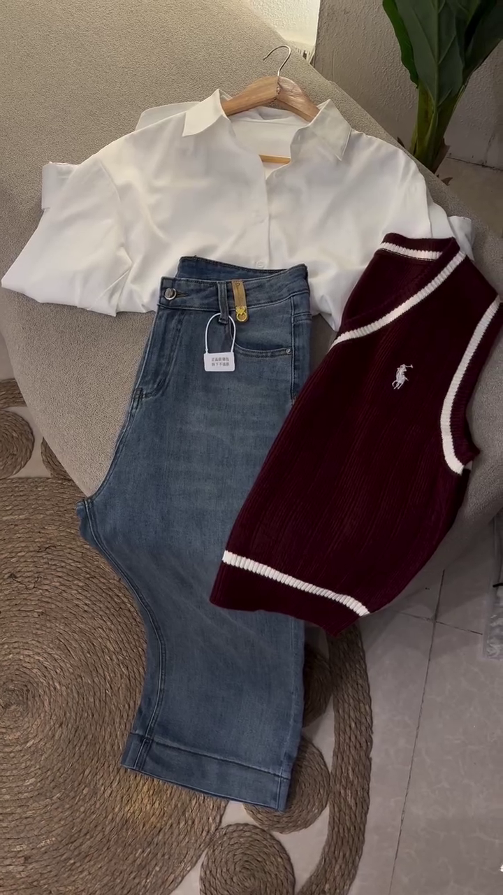 “Effortless Layering: White Button-Down Meets Denim and Burgundy Chic”