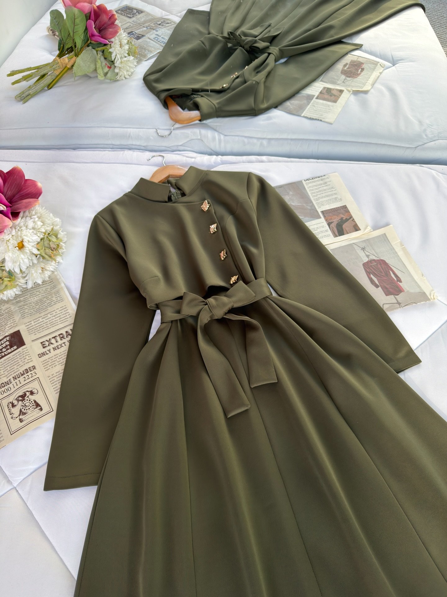 “Golden Elegance: Long-Sleeved Maxi Dress with Statement Details”