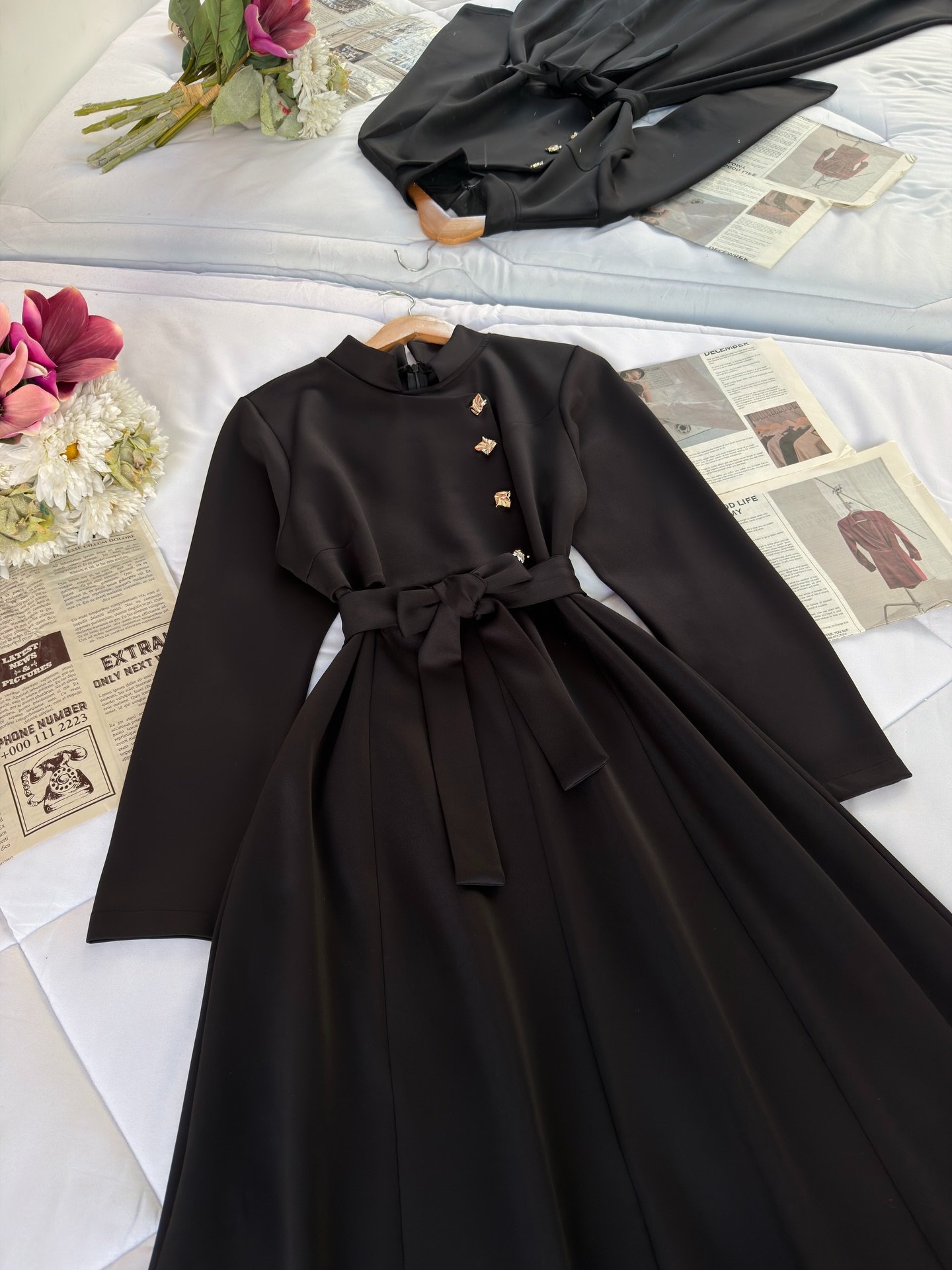 “Golden Elegance: Long-Sleeved Maxi Dress with Statement Details”