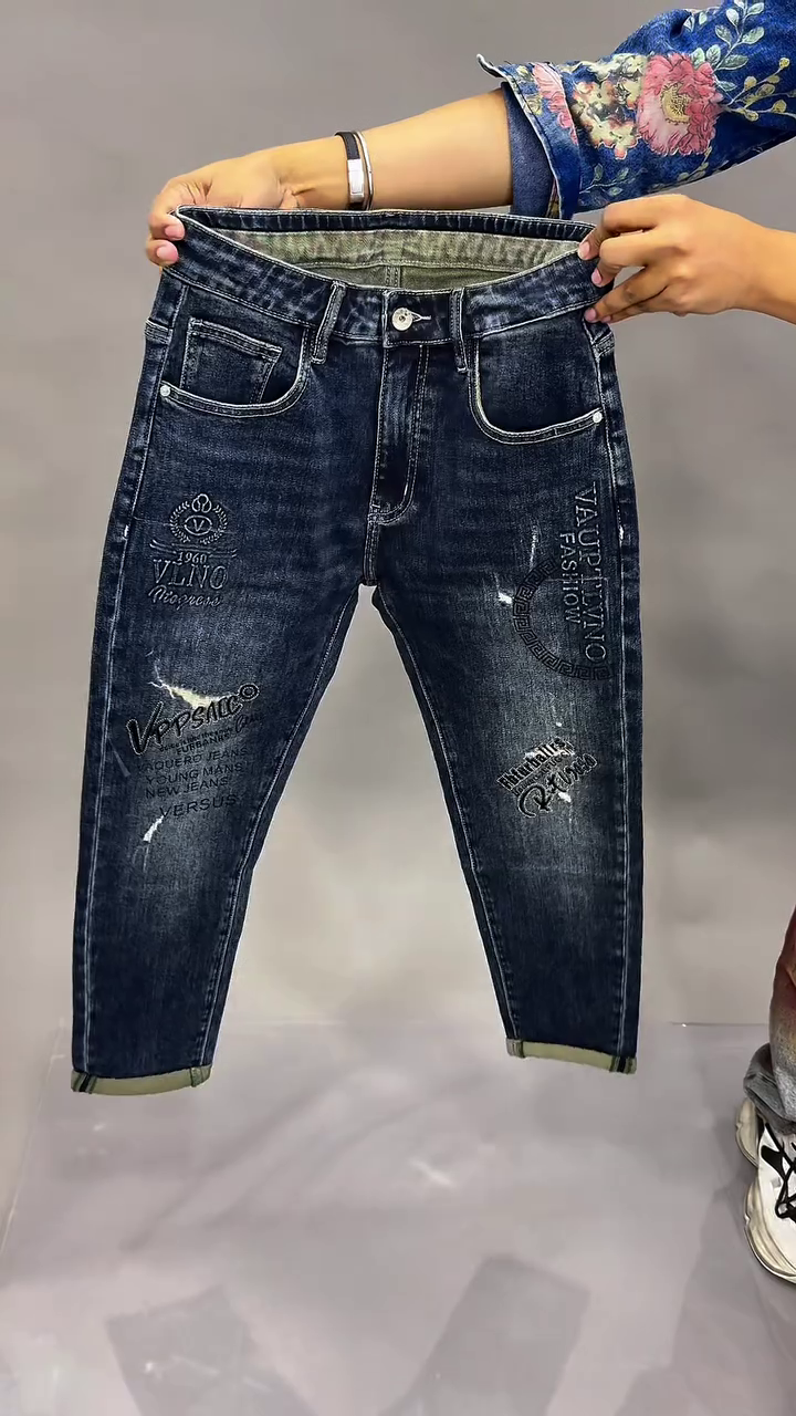 “Make a Statement: Men’s Printed Dark Wash Denim Jeans”