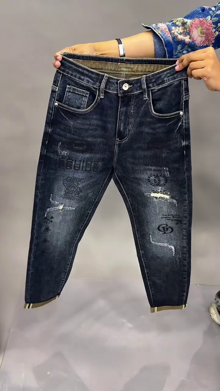 “Make a Statement: Men’s Printed Dark Wash Denim Jeans”