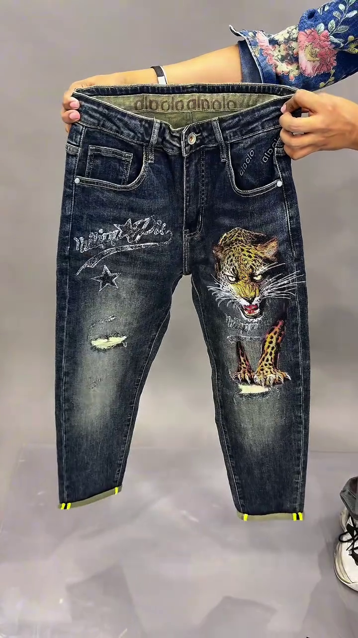 “Make a Statement: Men’s Printed Dark Wash Denim Jeans”