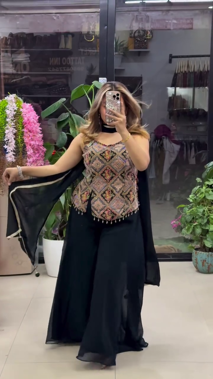 “Elegance Redefined: Black Silk Readymade Salwar Suit with Exquisite Embroidery”