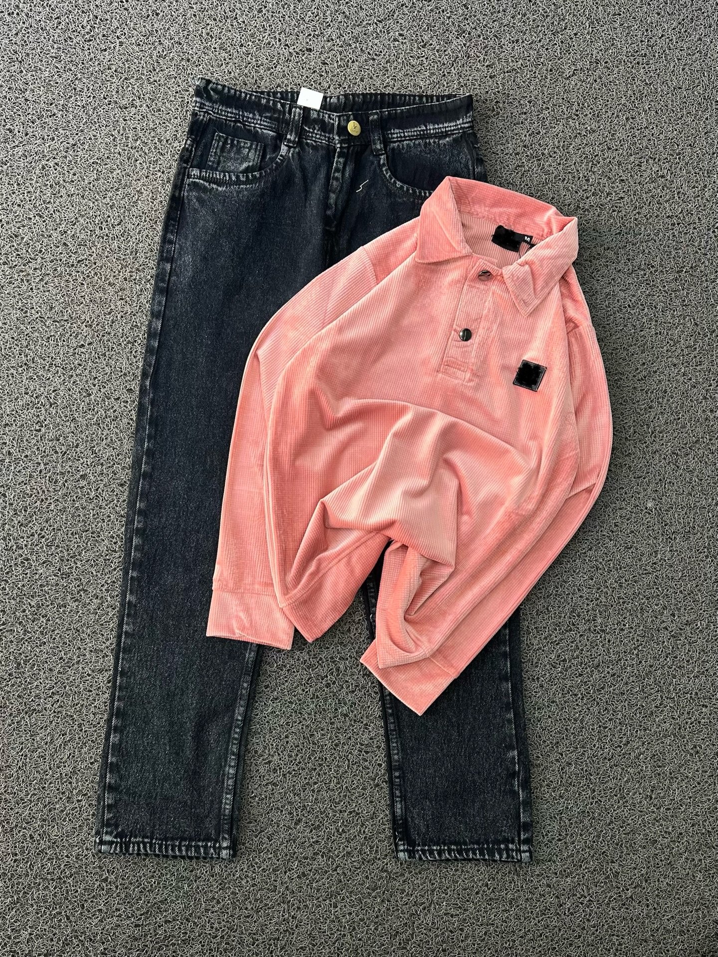 “Casual Edge Meets Classic Style: Red Corduroy Polo with Black Denim Jeans”