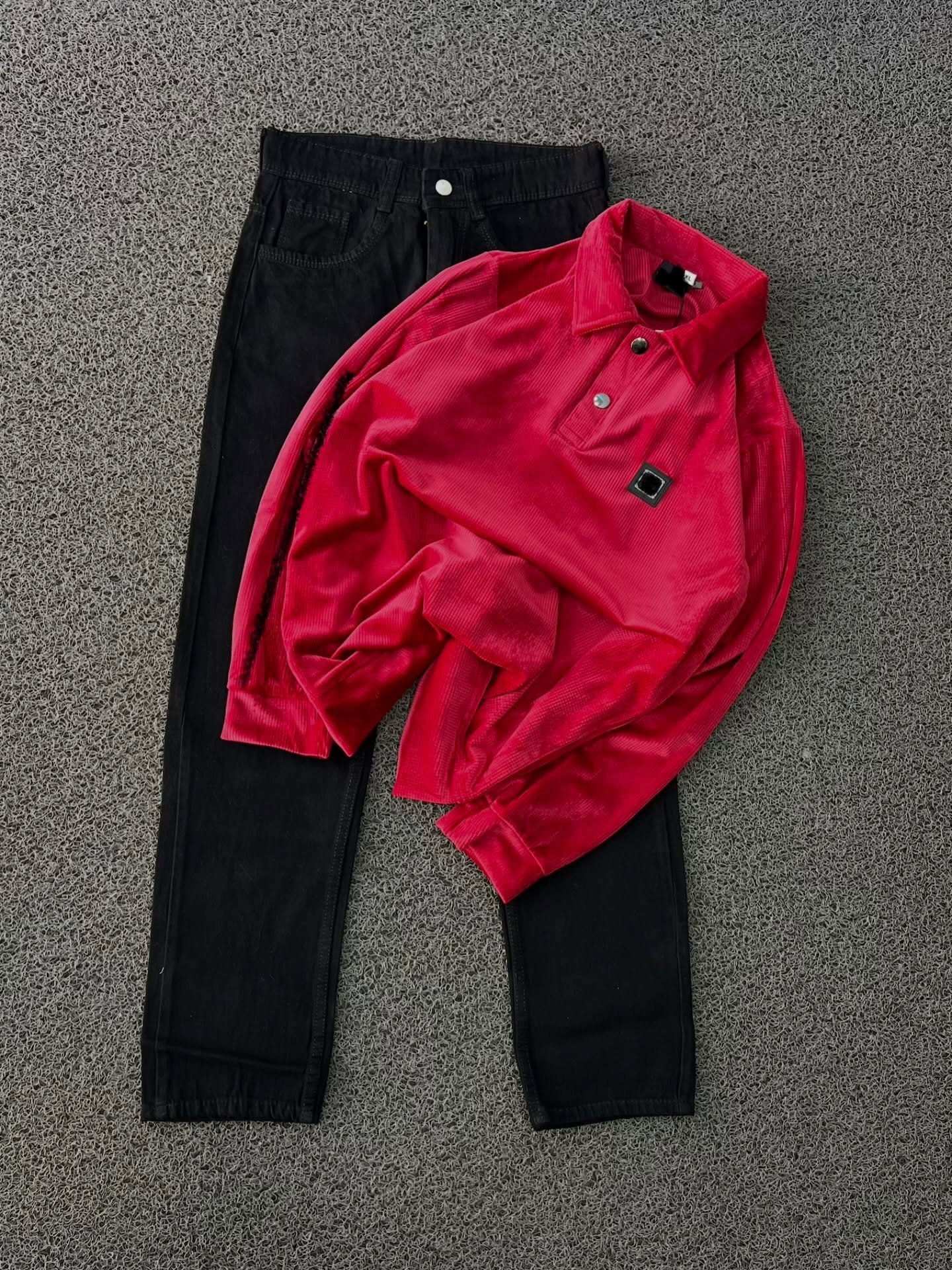 “Casual Edge Meets Classic Style: Red Corduroy Polo with Black Denim Jeans”