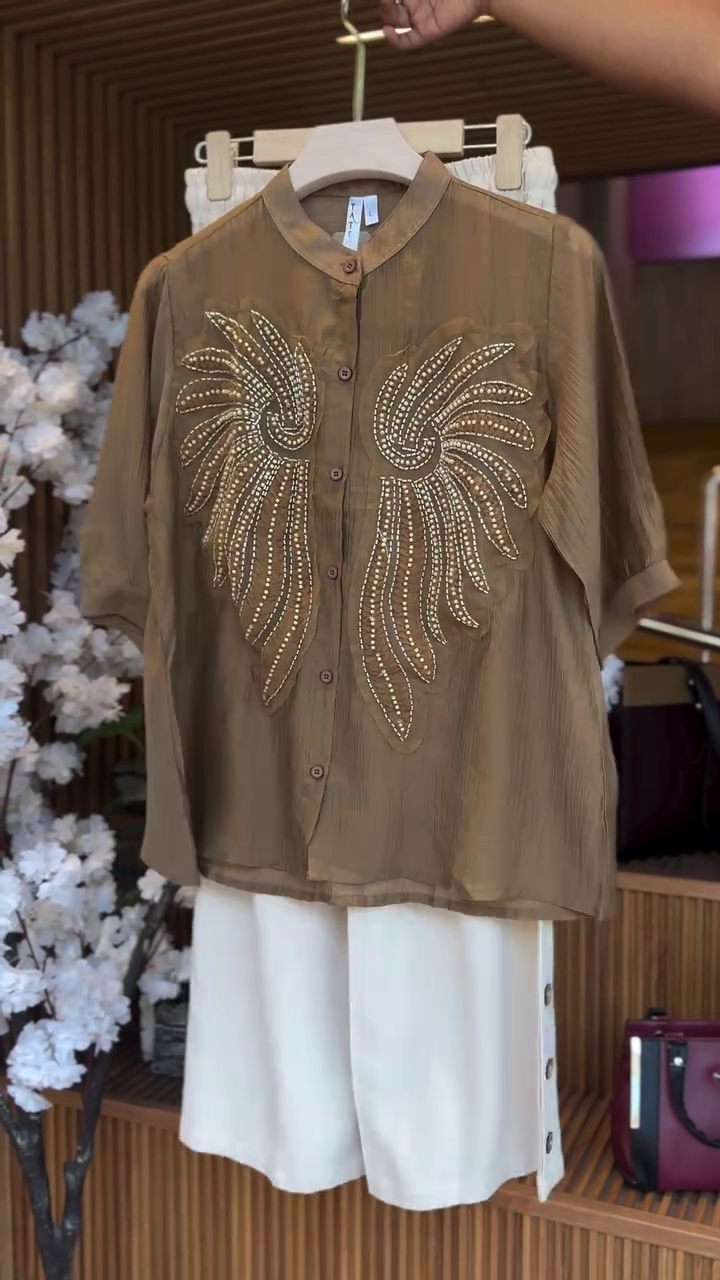🤎 Luxe Earth: Embellished Wing Detail Shirt Set