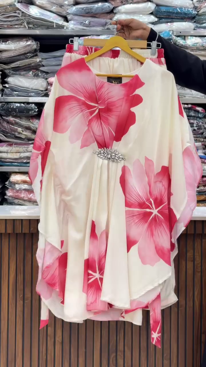 💎 Ocean Bloom Luxe: Embellished Floral Kaftan Set