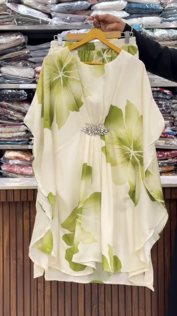 💎 Ocean Bloom Luxe: Embellished Floral Kaftan Set