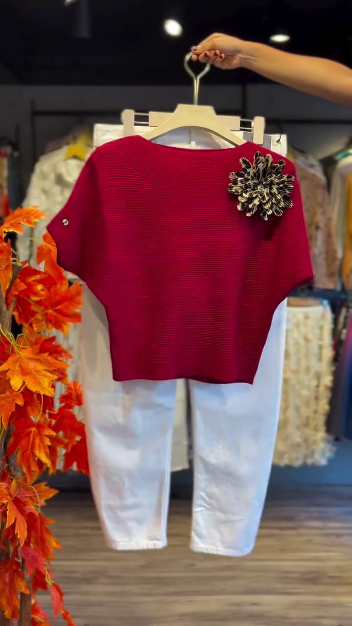 Chic & Cozy – Red Batwing Sweater Top Paired with Crisp White Trousers