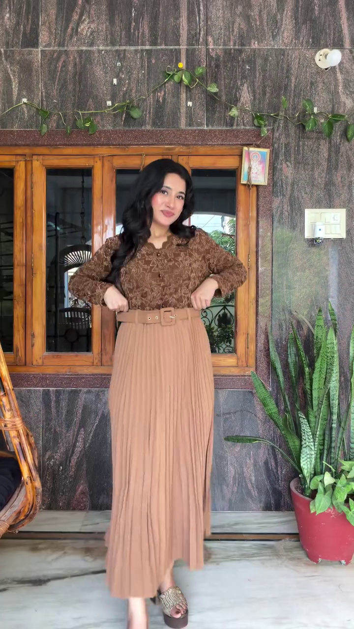 Women’s Accordion Pleats A-Line Maxi Skirt with Brown Shirt – Effortless Elegance Meets Casual Charm