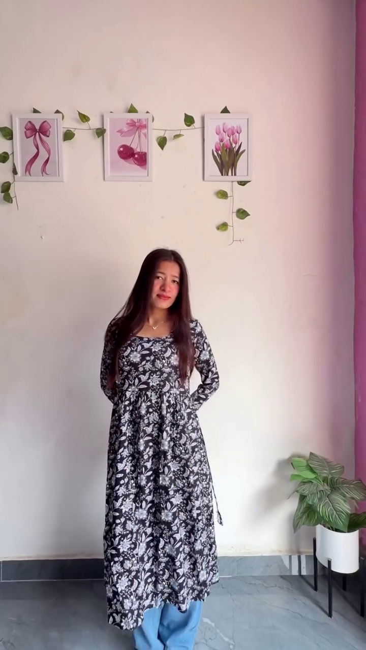 Women’s Floral Print Anarkali Kurta – Elegant Maxi-Length with Gathered Waist