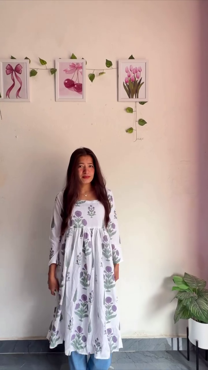 Women’s Floral Print Anarkali Kurta – Elegant Maxi-Length with Gathered Waist