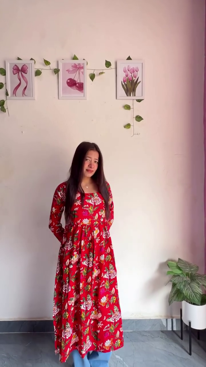 Women’s Floral Print Anarkali Kurta – Elegant Maxi-Length with Gathered Waist