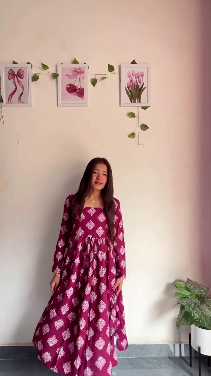 Women’s Floral Print Anarkali Kurta – Elegant Maxi-Length with Gathered Waist