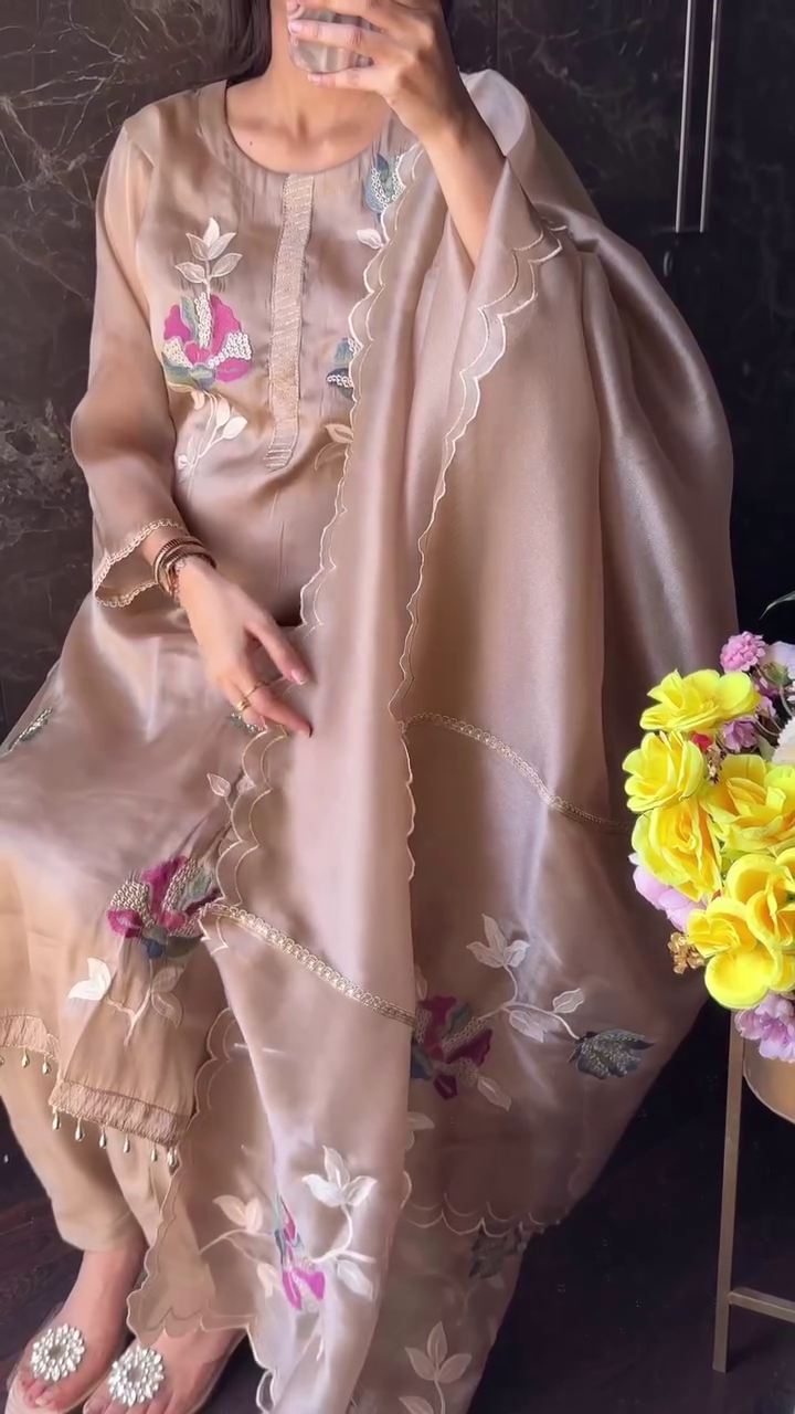 Patch Work Suit in Chikoo – Elegant Fusion of Tradition and Style