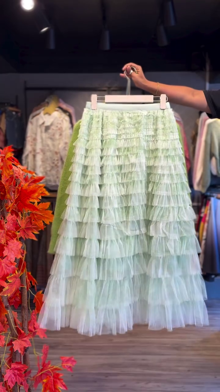 Light Green Cable-Knit Sweater with White Tiered Tulle Skirt – Cozy Meets Whimsical