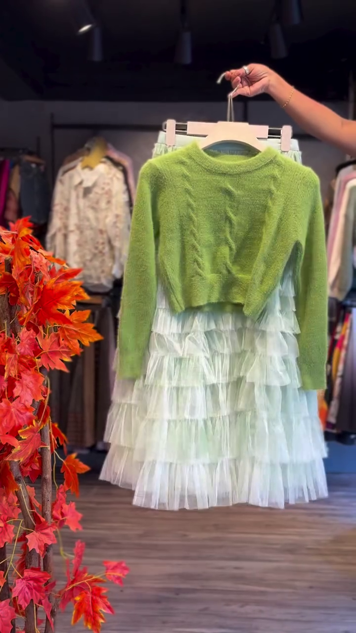 Light Green Cable-Knit Sweater with White Tiered Tulle Skirt – Cozy Meets Whimsical