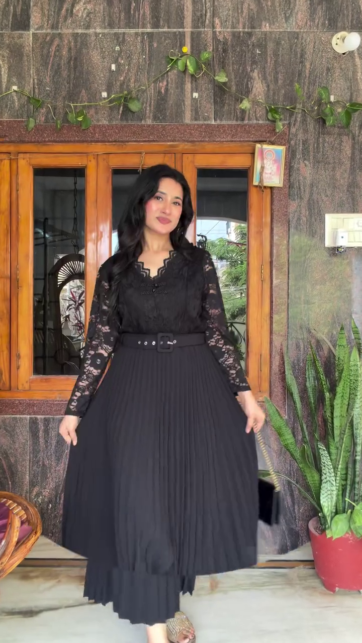 Women’s Accordion Pleats A-Line Maxi Skirt with Brown Shirt – Effortless Elegance Meets Casual Charm