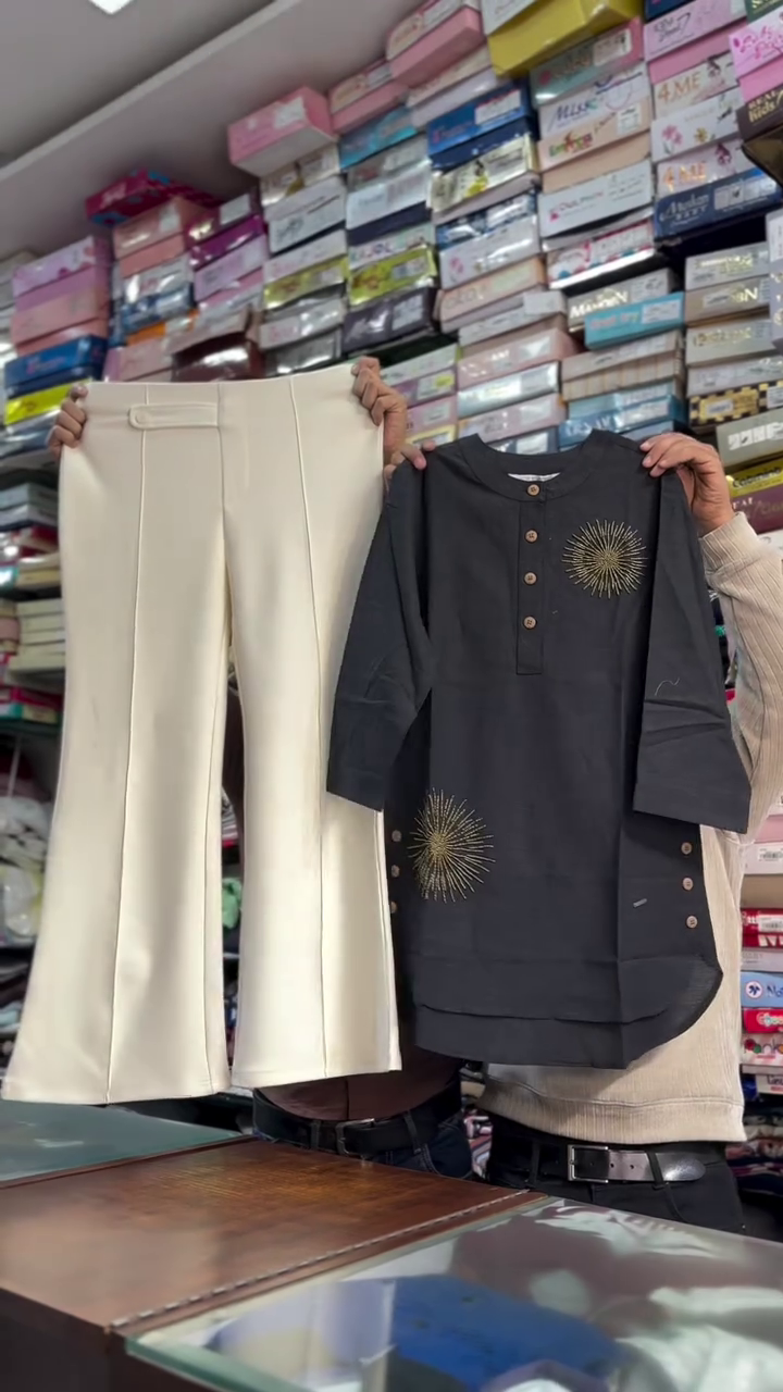 Elegant Brown Embroidered Co-Ord Set – Tunic Top with Matching Trousers for Effortless Style