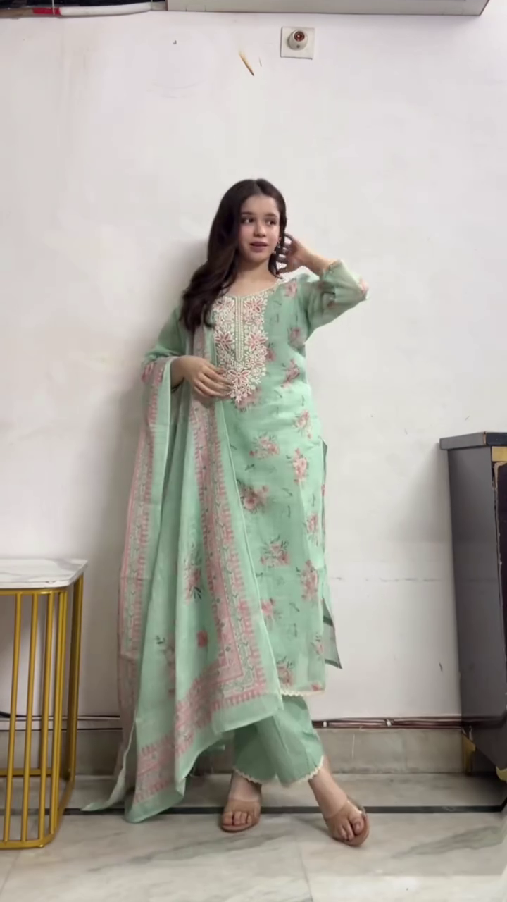 Elegant Navy Blue Printed Kurta Set with Trousers and Dupatta – Mirror Work Neckline for a Festive Touch