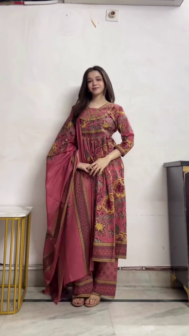 Elegant Navy Blue Printed Kurta Set with Trousers and Dupatta – Mirror Work Neckline for a Festive Touch