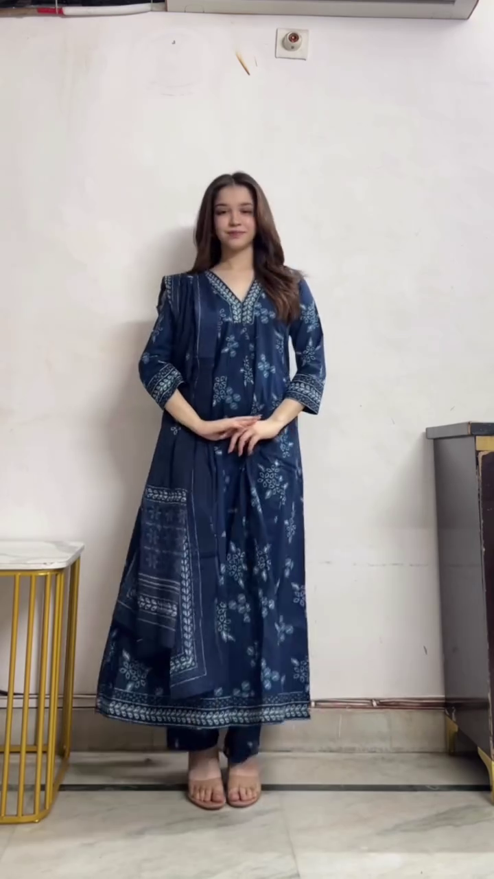 Elegant Navy Blue Printed Kurta Set with Trousers and Dupatta – Mirror Work Neckline for a Festive Touch