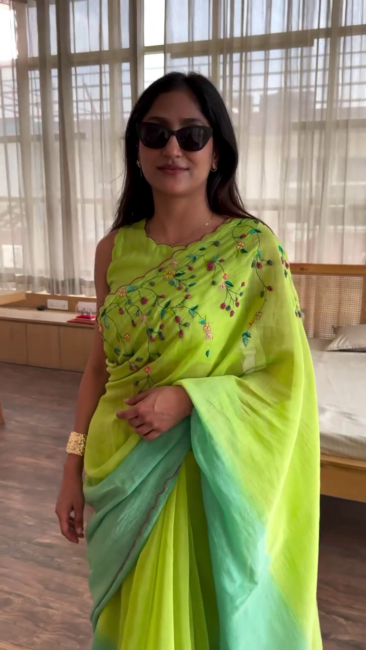Exquisite Hand-Embroidered Double-Shaded Green Saree – Elegance in Every Drape