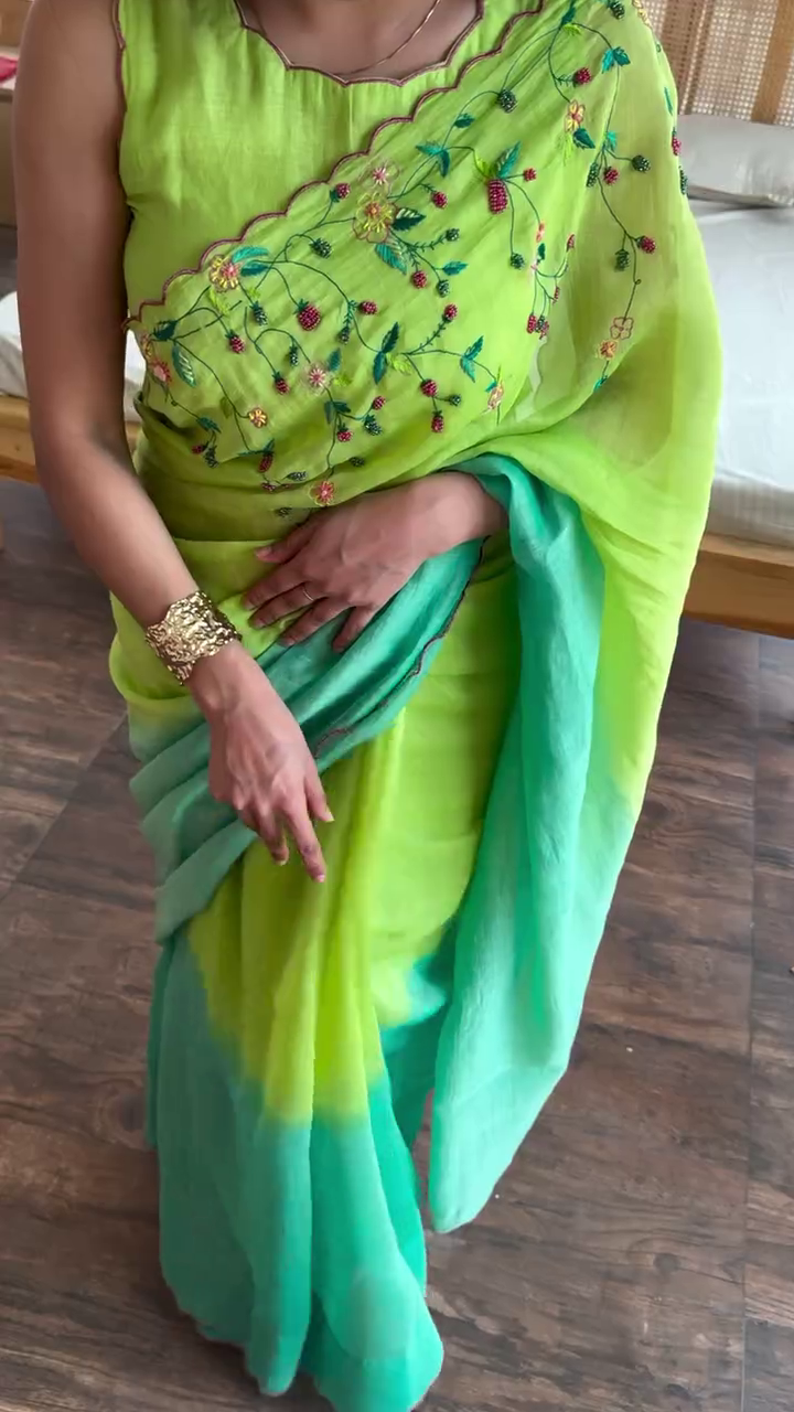Exquisite Hand-Embroidered Double-Shaded Green Saree – Elegance in Every Drape