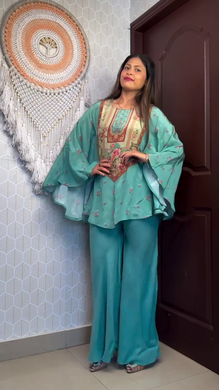 Elegant Ethnic Motifs Printed V-Neck Pure Silk Kimono Style Top & Trouser – Luxurious Comfort Meets Timeless Style