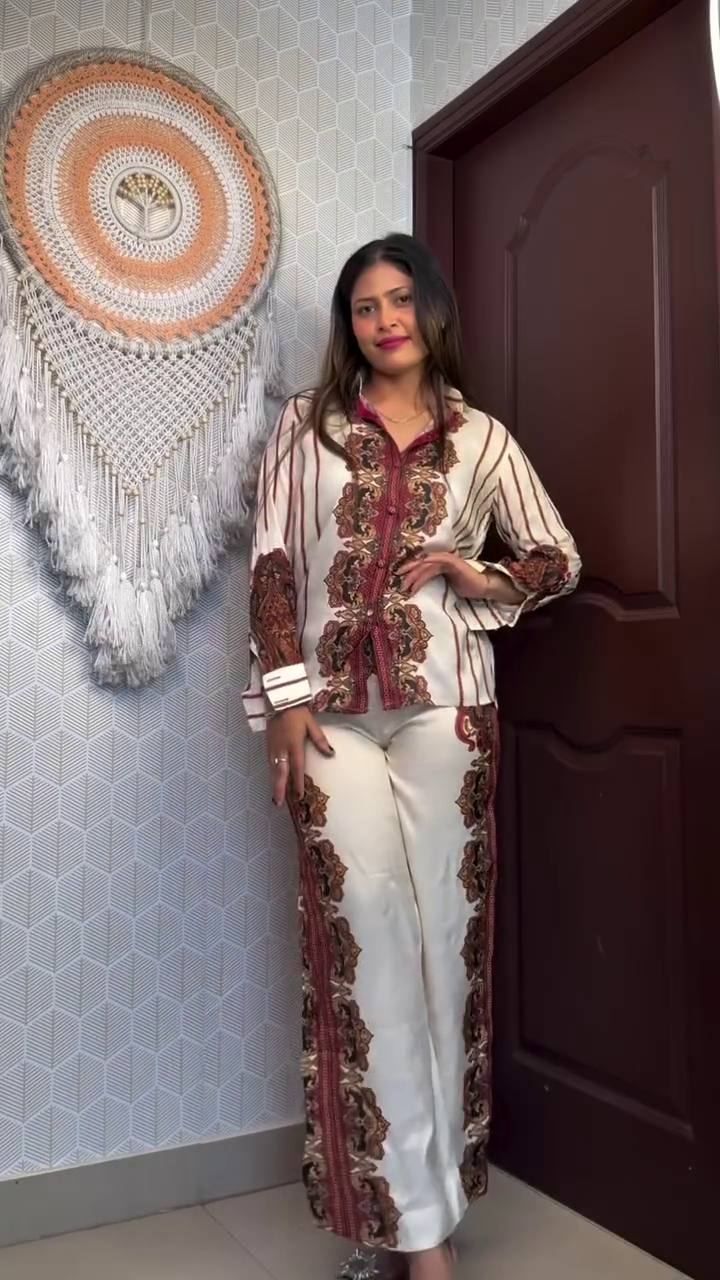 Elegant Ethnic Motifs Printed V-Neck Pure Silk Kimono Style Top & Trouser – Luxurious Comfort Meets Timeless Style