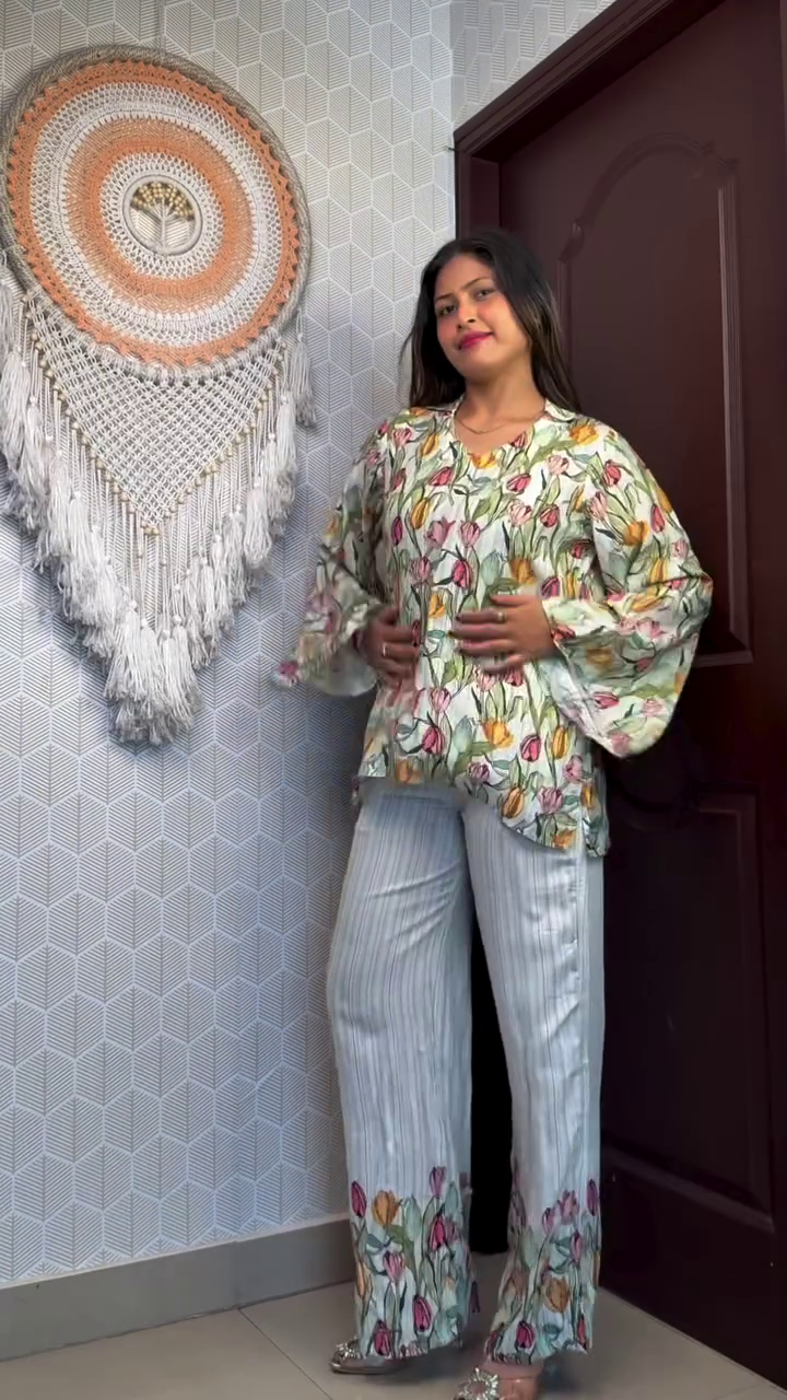 Elegant Ethnic Motifs Printed V-Neck Pure Silk Kimono Style Top & Trouser – Luxurious Comfort Meets Timeless Style