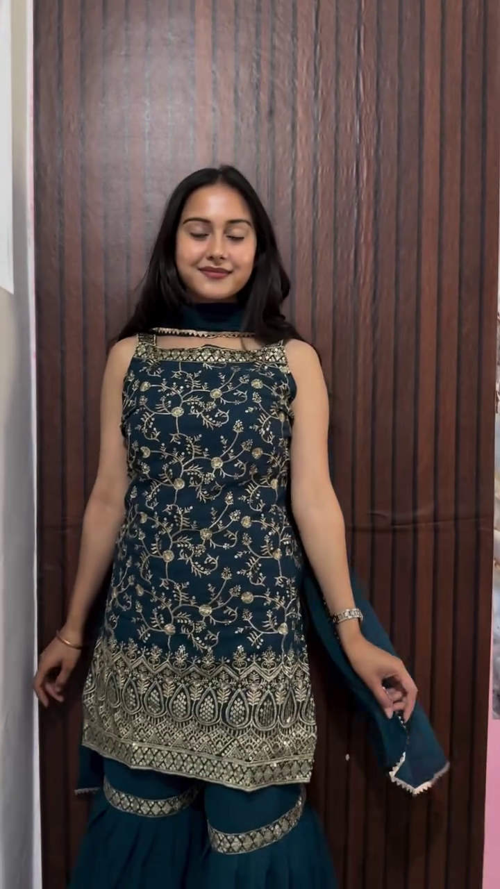 Elegant Women’s Satin Silk Plazoo Set with Dupatta – Embroidered Short Kurti with Half Sleeves