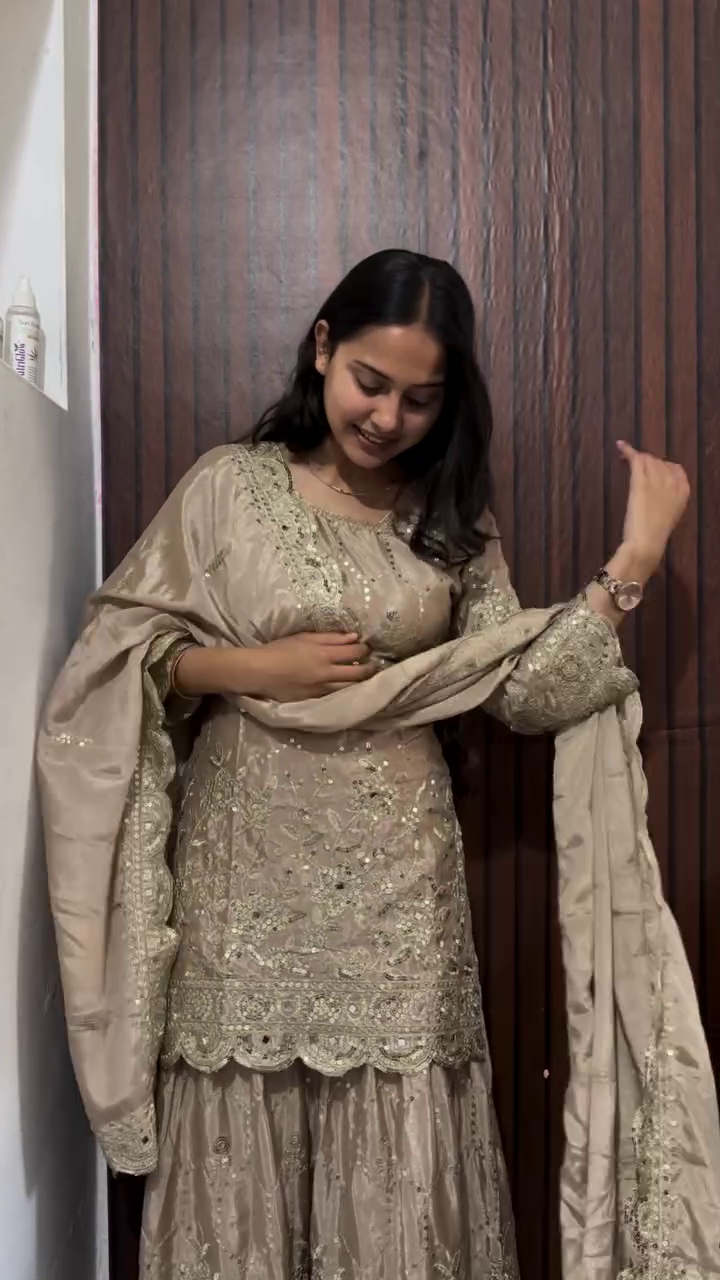 Elegant Women’s Satin Silk Plazoo Set with Dupatta – Embroidered Short Kurti with Half Sleeves