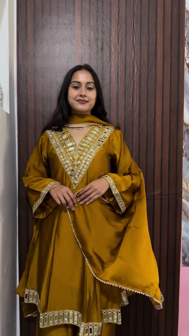 Elegant Women’s Satin Silk Plazoo Set with Dupatta – Embroidered Short Kurti with Half Sleeves