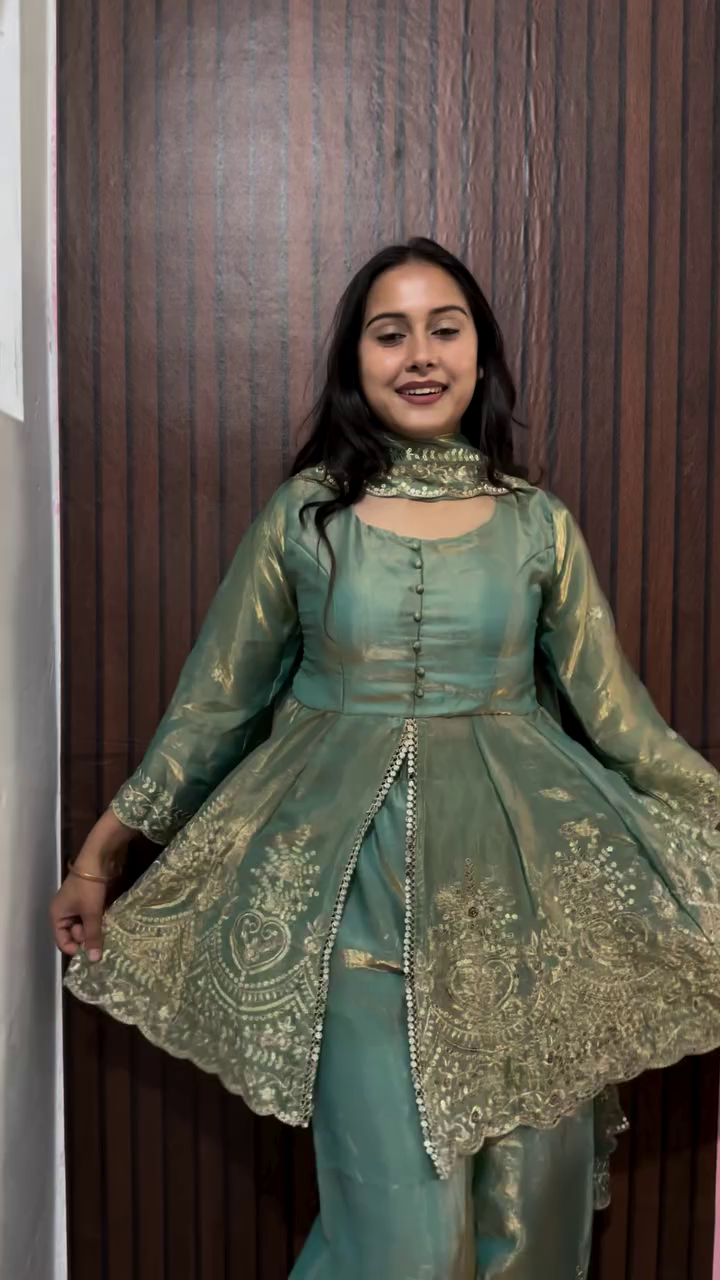 Elegant Women’s Satin Silk Plazoo Set with Dupatta – Embroidered Short Kurti with Half Sleeves