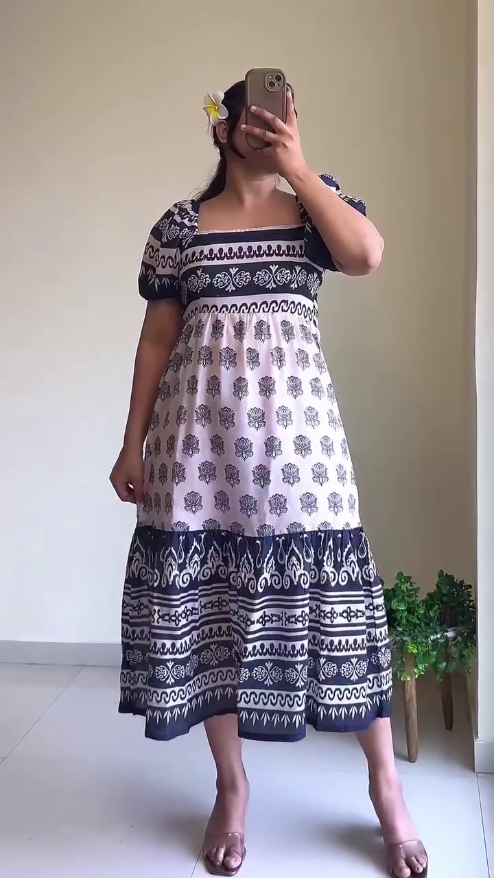 Chic Women’s Blue Square Neck Ethnic Print Fit & Flare Midi Dress – Effortless Elegance Meets Comfort