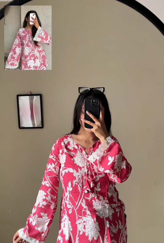 Charming Pink Floral Printed Square Neck Short Kurti – Feminine Style Meets Everyday Comfort