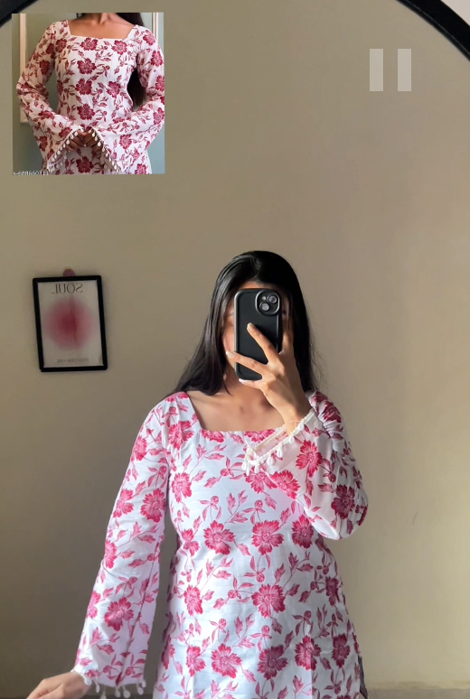 Charming Pink Floral Printed Square Neck Short Kurti – Feminine Style Meets Everyday Comfort