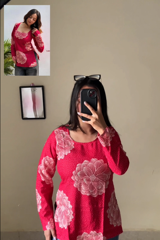 Charming Pink Floral Printed Square Neck Short Kurti – Feminine Style Meets Everyday Comfort