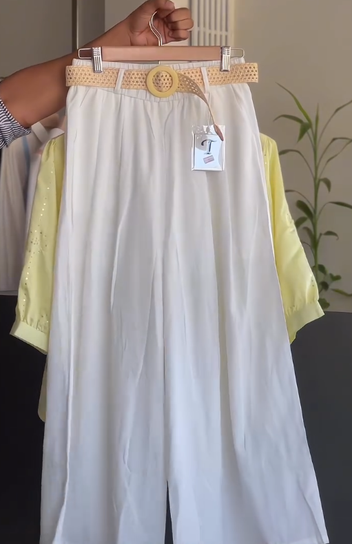 **Fresh Summer Elegance: Pastel Embroidered Shirt with Classic White Pants**