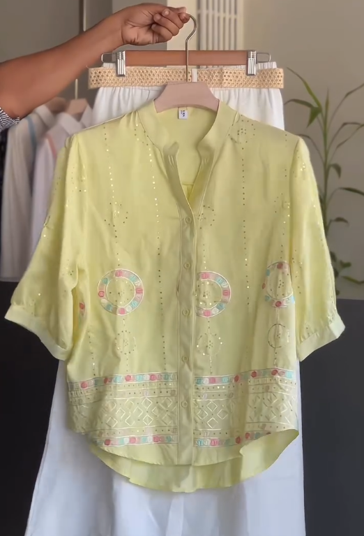 **Fresh Summer Elegance: Pastel Embroidered Shirt with Classic White Pants**