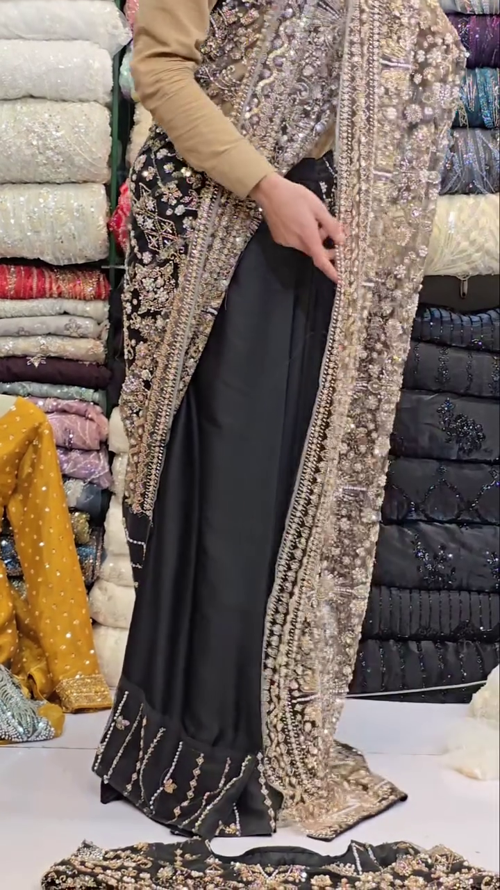 Midnight Glamour: Black Designer Saree with Intricate Embroidery and Sheer Sequin Drape