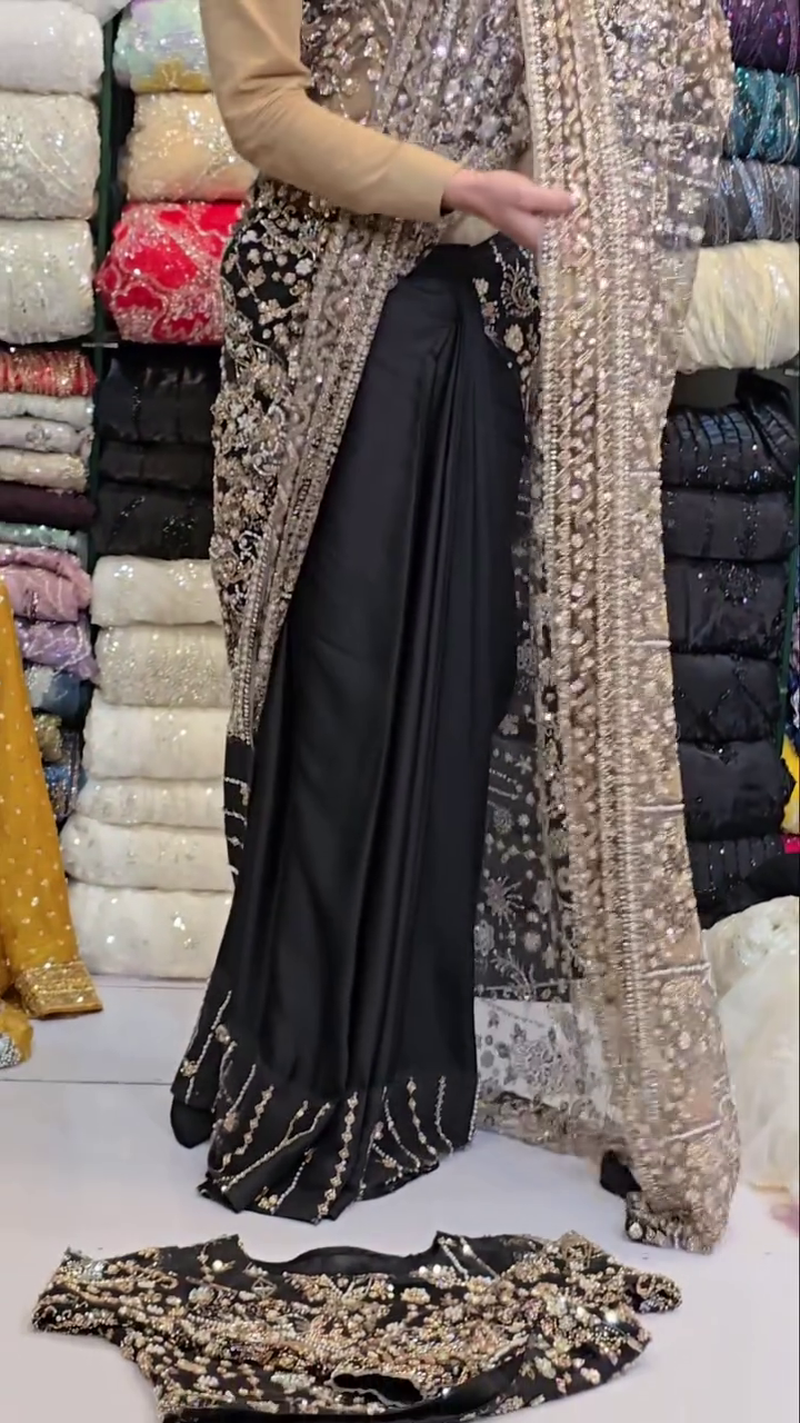 Midnight Glamour: Black Designer Saree with Intricate Embroidery and Sheer Sequin Drape
