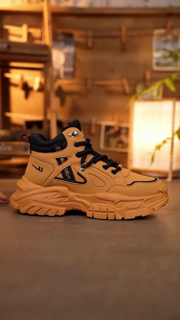 Urban Adventure Style: Yellow Warrior High-Top Lace-Up Boots