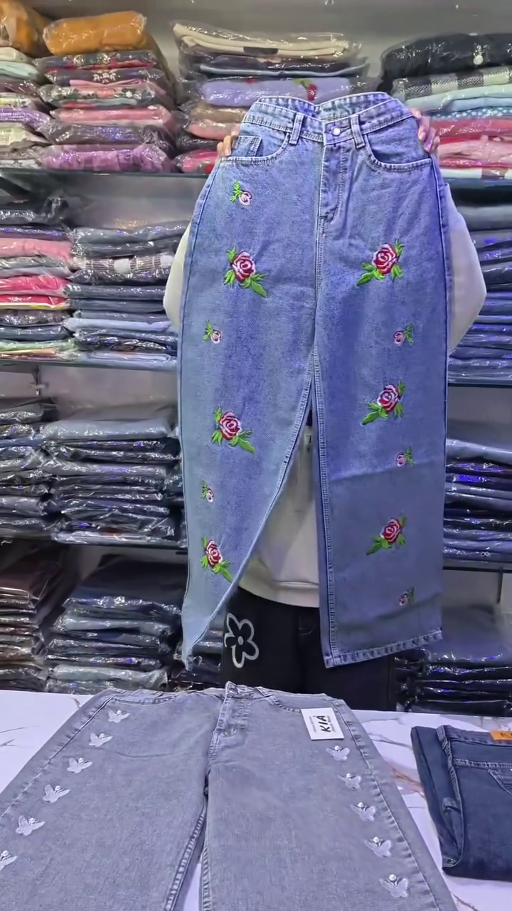 Playful Chic: KIA Wide-Leg Blue Denim Jeans with Butterfly Embellishments