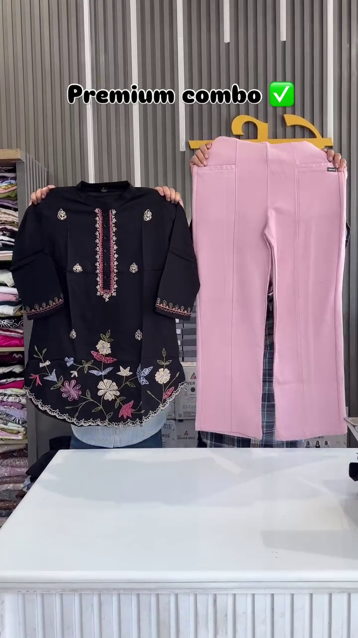 Dark Green Tunic with Pink Floral Embroidery & White Trousers – Elegant Ethnic Ensemble for Women 🌿🌸