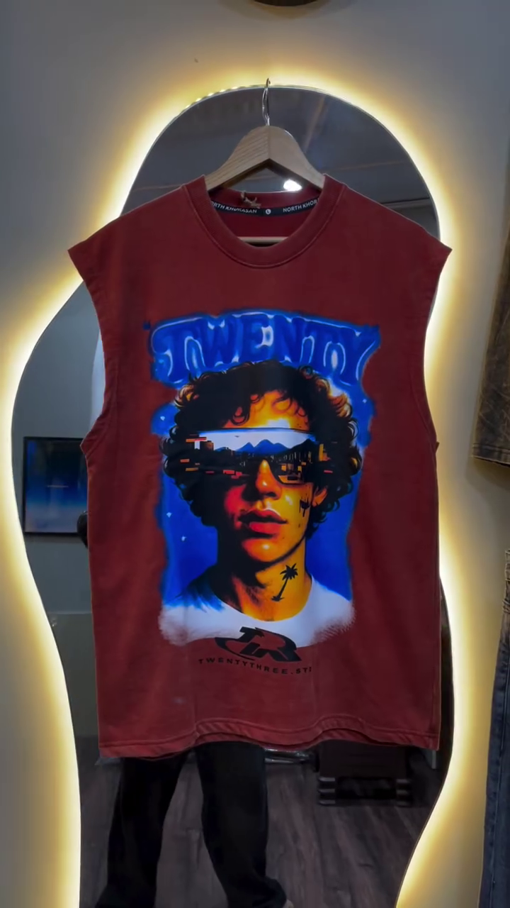 Urban Edge: Charcoal Grey Graphic Sleeveless T-Shirt with Vintage Vibes