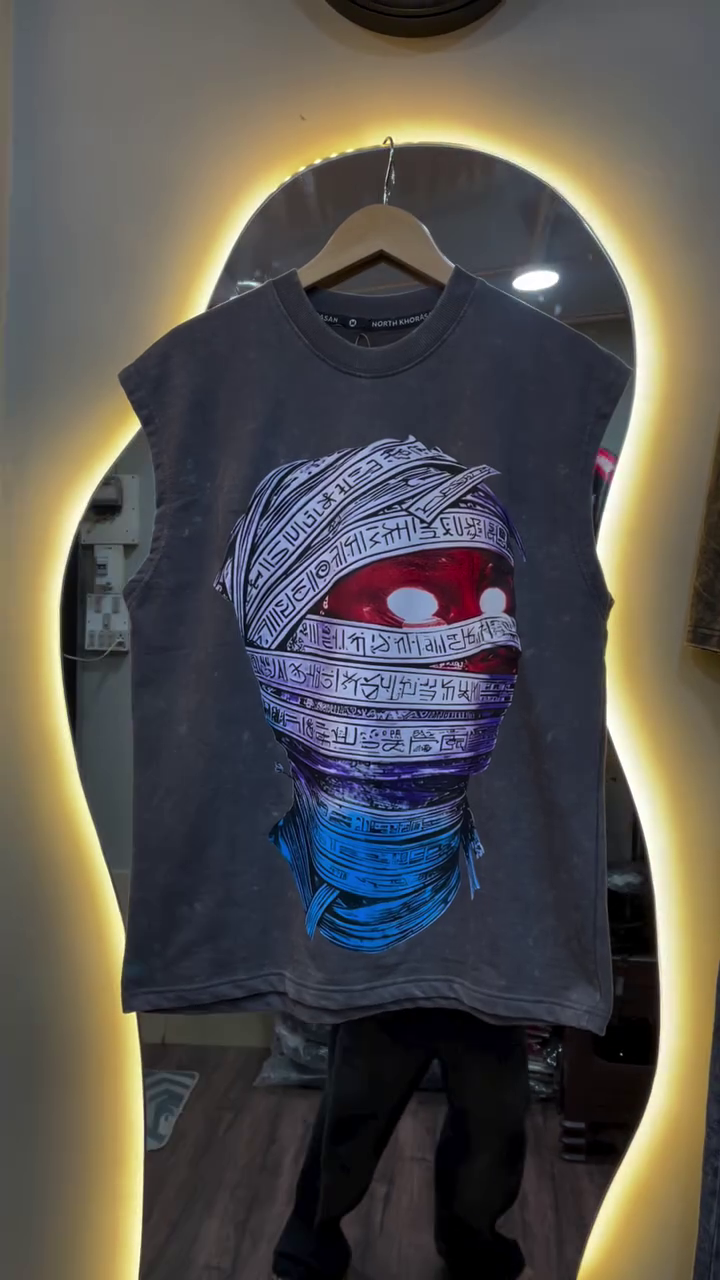 Urban Edge: Charcoal Grey Graphic Sleeveless T-Shirt with Vintage Vibes