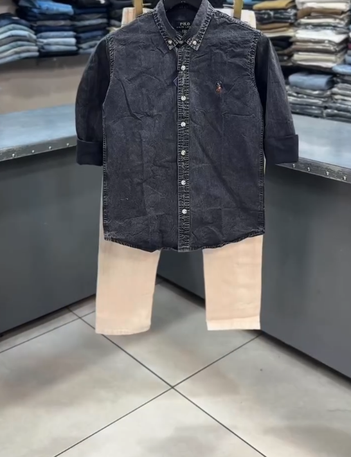 Rugged Smart-Casual: Brown Button-Down Denim Shirt with Grey Jeans